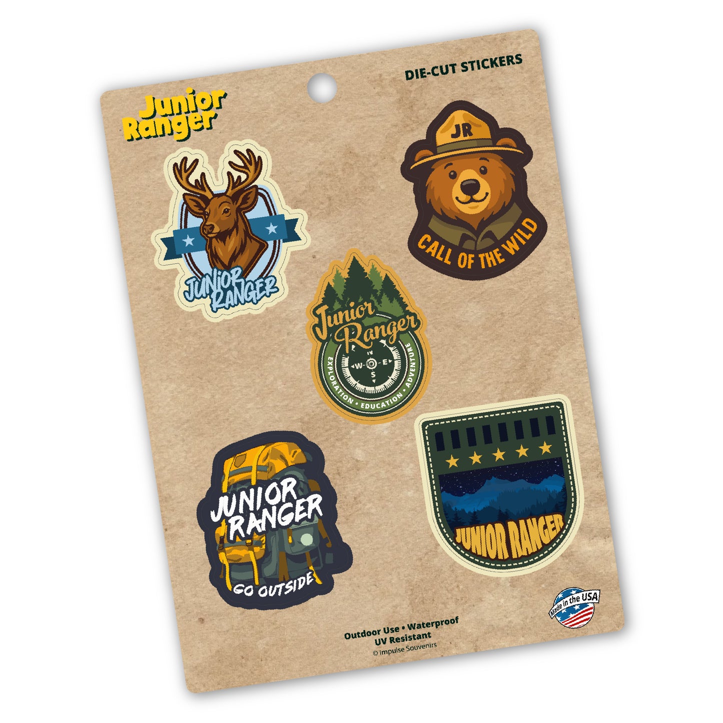 Jr. Ranger Sticker sheet (3) featuring elk, Smoky the Bear and backpack