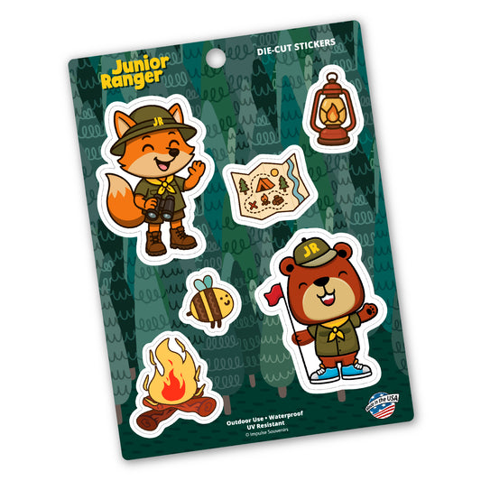 Jr. Ranger Sticker sheet (1) featuring young fox and campfire