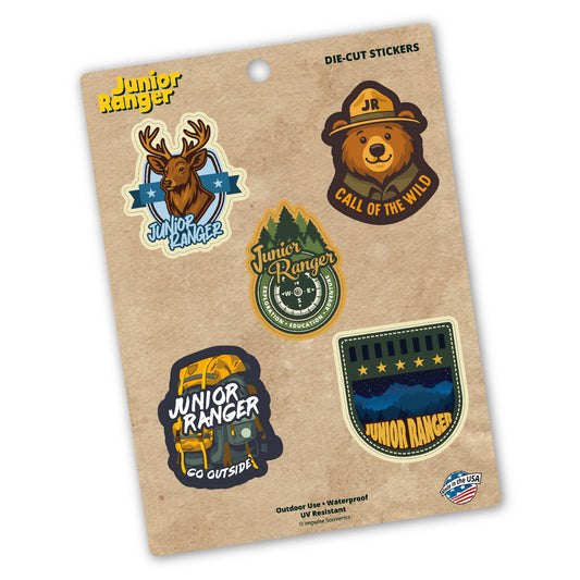 Jr. Ranger Sticker sheet (3) featuring elk, Smoky the Bear and backpack